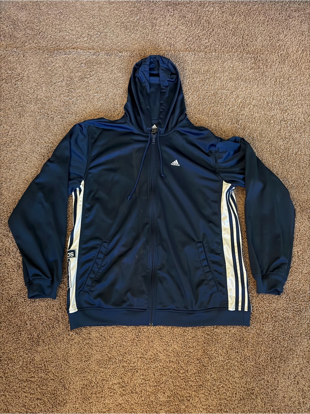 VTG Y2K Adidas Navy Hooded Performance Jacket with White Stripes